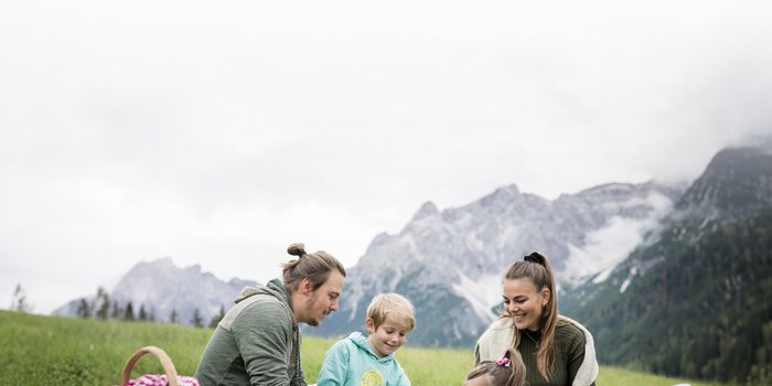Family holidays at a gluten-free hotel Family having a picnic on green grass with mountains in the background