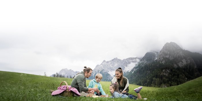 Alpine Stays for all Generations by Family Rainer Familie macht Picknick auf einer grünen Wiese mit Bergen im Hintergrund