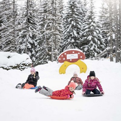 Alpine Stays for all Generations by Family Rainer Kinder rodeln fröhlich im verschneiten Wald