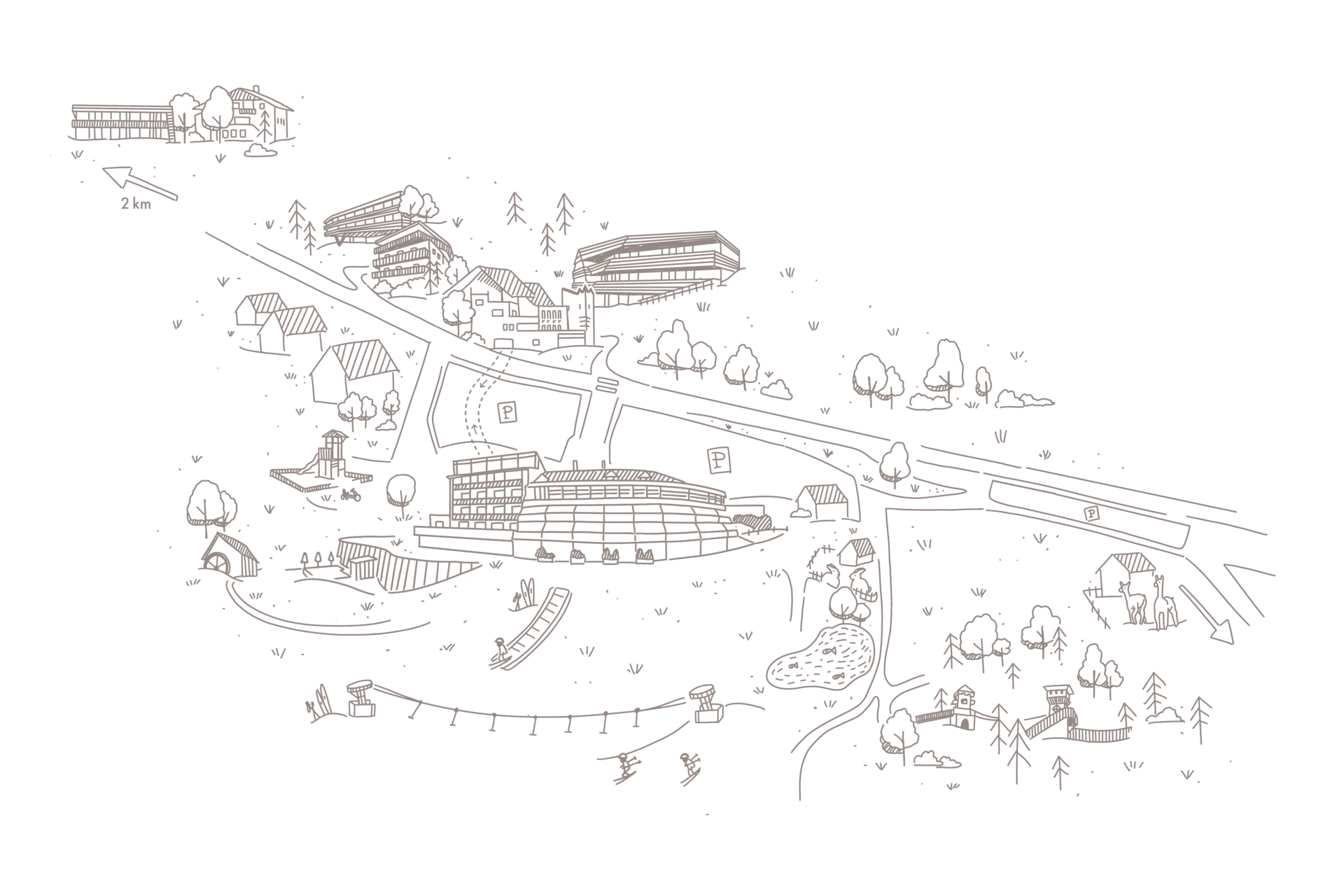 Alpine Stays for all Generations by Family Rainer Illustrative Karte mit Gebäuden, Wegen, Spielplatz und Seilbahn