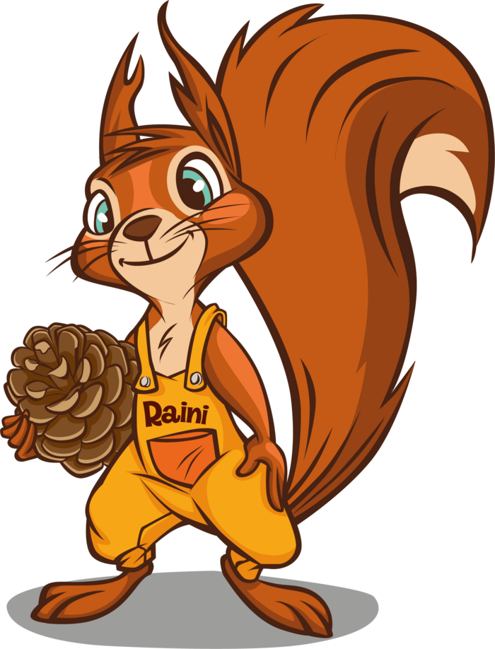 Experience exciting adventures with Raini! Happy squirrel in yellow overalls holding a pine cone