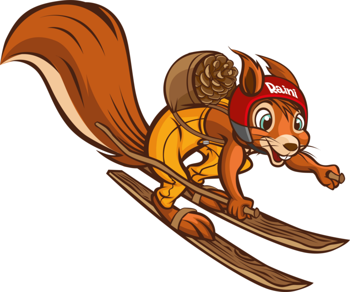 Experience exciting adventures with Raini! Squirrel wearing helmet and backpack skiing on wooden skis