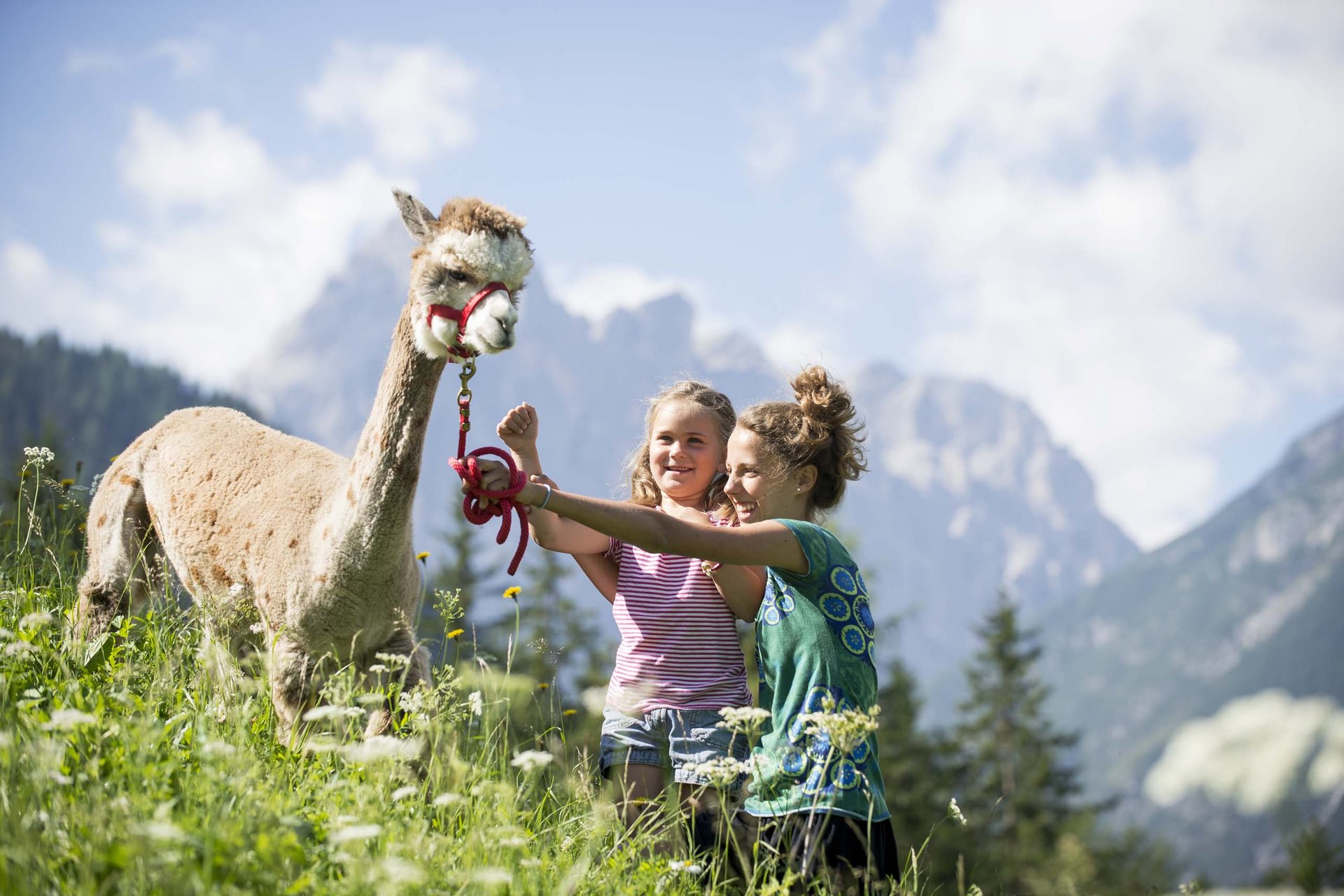 Experience exciting adventures with Raini! Two girls with a llama in a meadow with mountains in the background